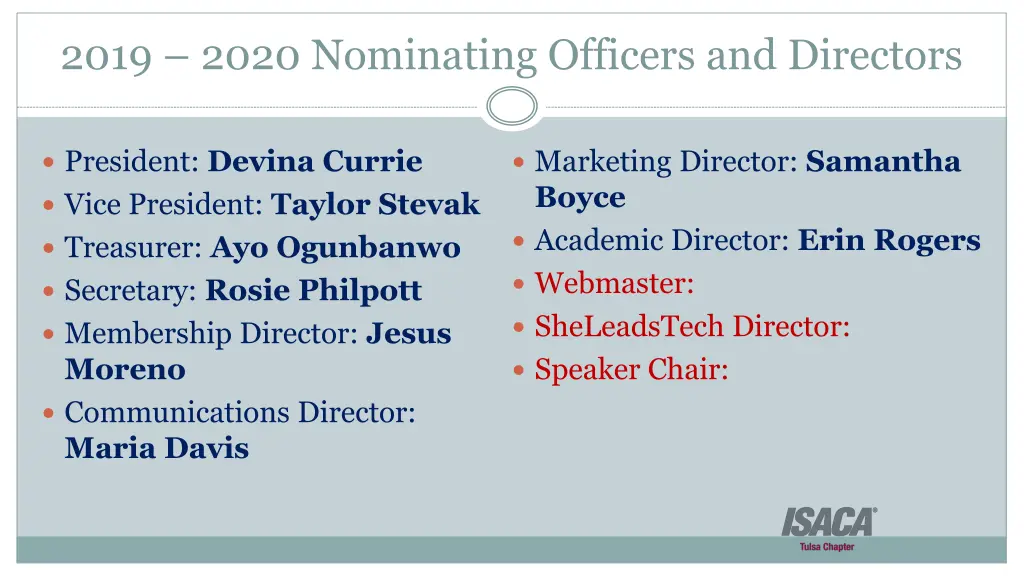 2019 2020 nominating officers and directors
