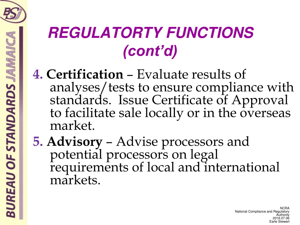 regulatorty functions cont d