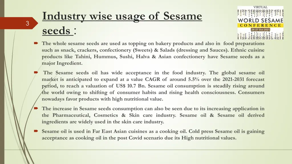 industry wise usage of sesame seeds the whole