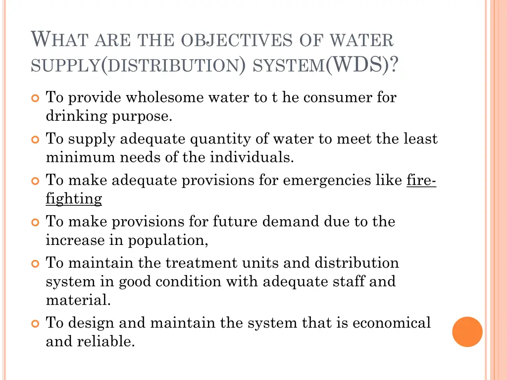 w hat are the objectives of water supply