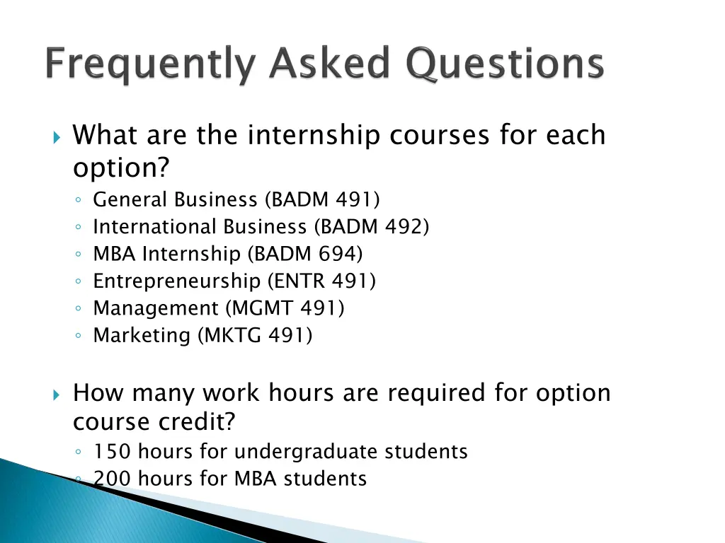 what are the internship courses for each option