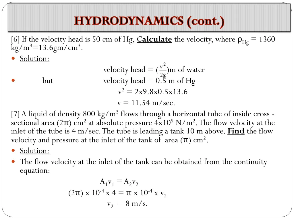 hydrodynamics cont 6 if the velocity head