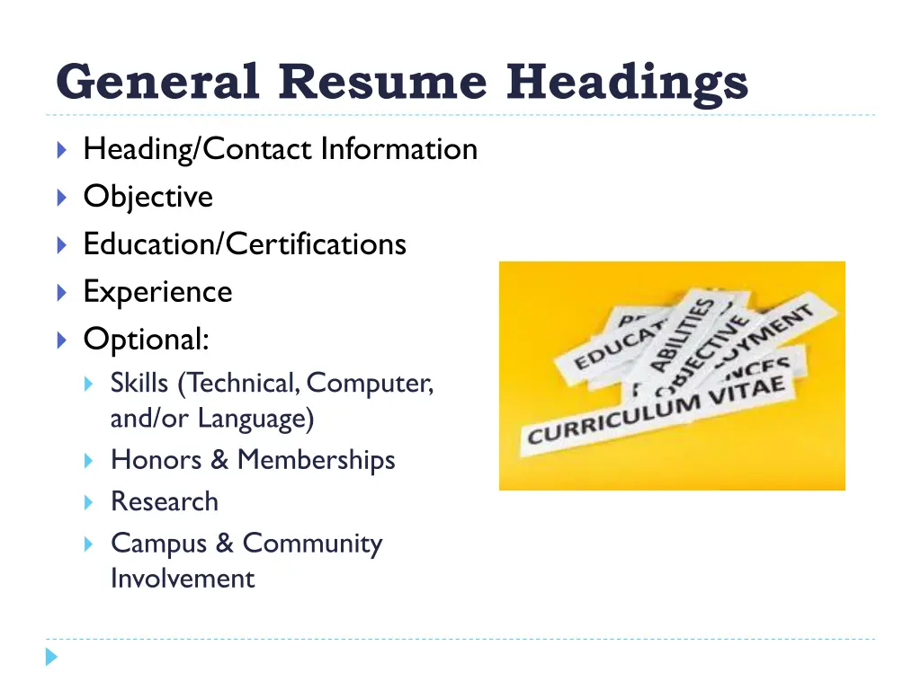 general resume headings