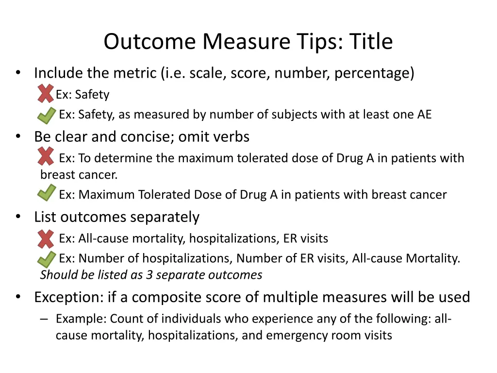 outcome measure tips title include the metric