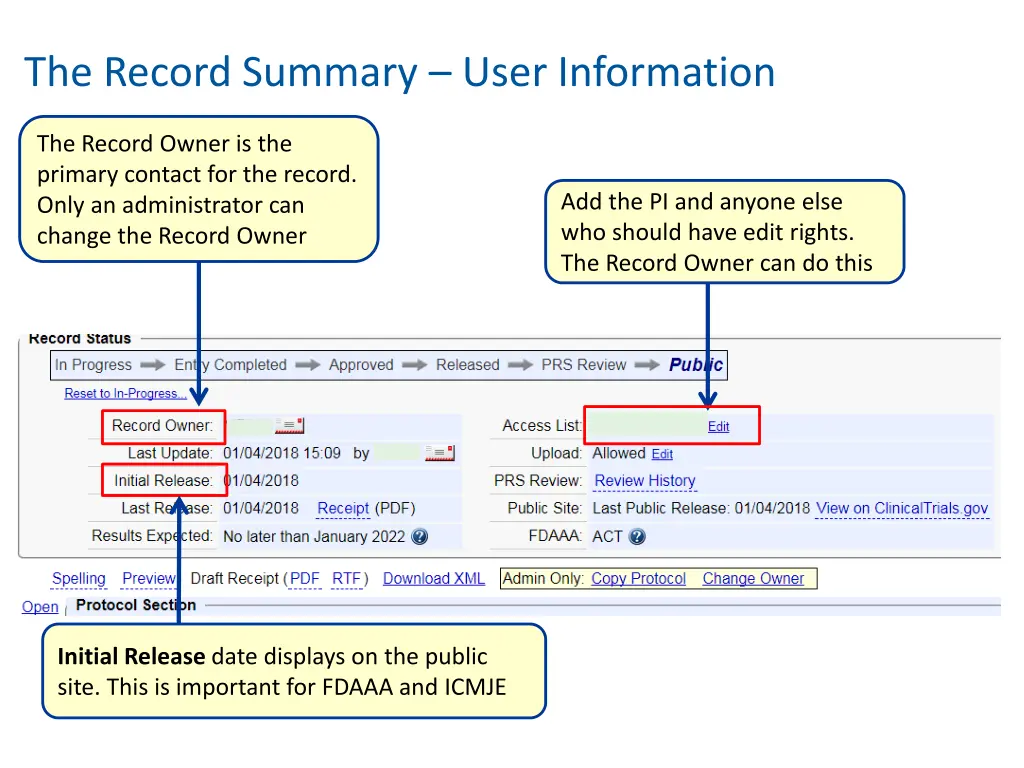 the record summary user information