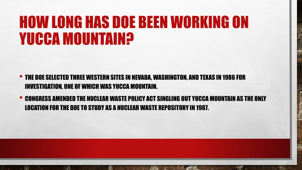 how long has doe been working on yucca mountain