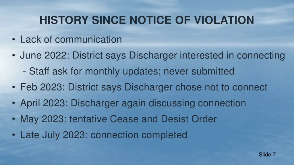 history since notice of violation