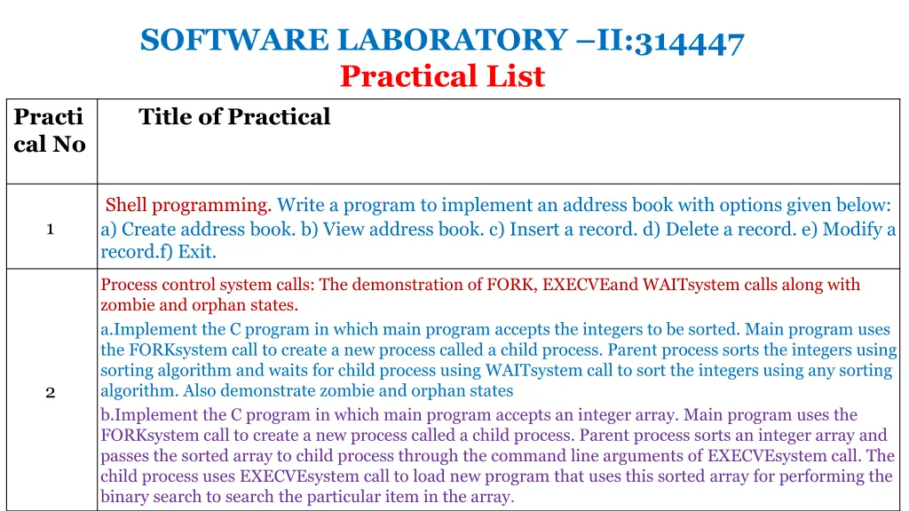 software laboratory ii 314447 practical list