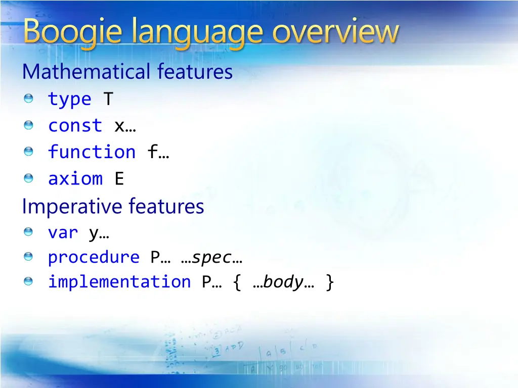 boogie language overview mathematical features