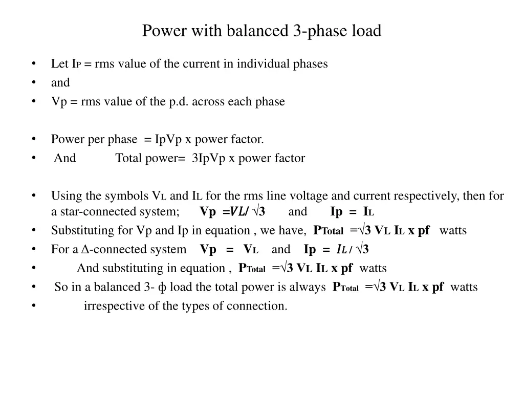 power with balanced 3 phase load