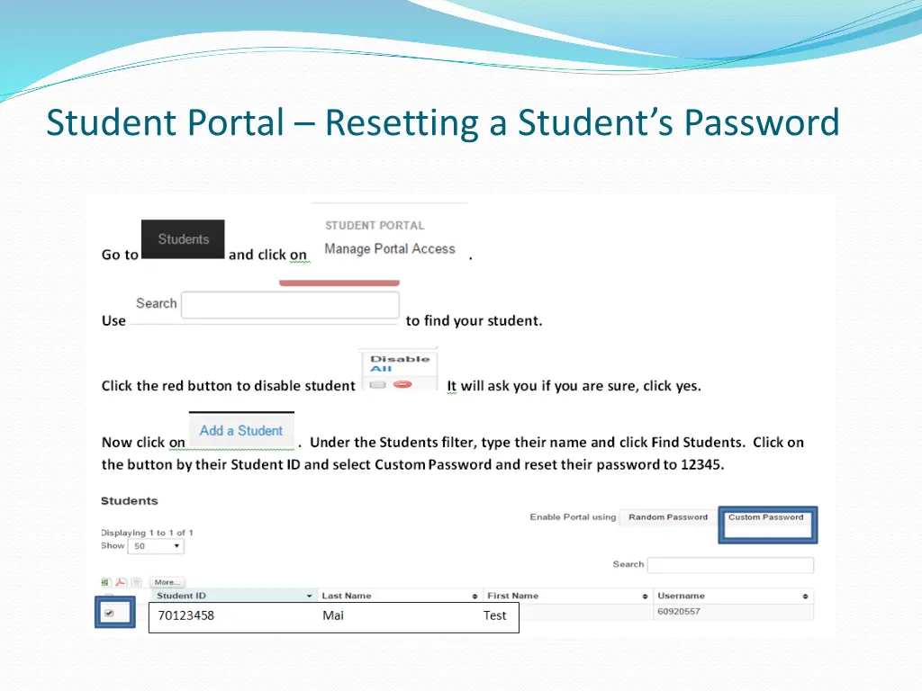 student portal resetting a student s password