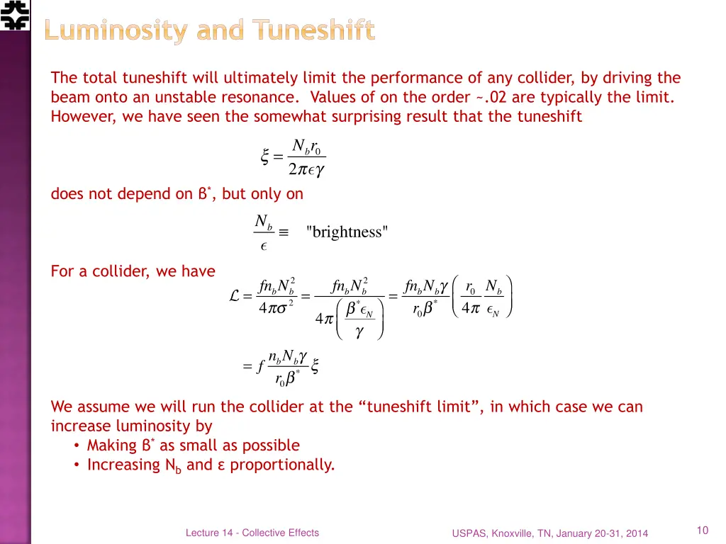 luminosity and tuneshift