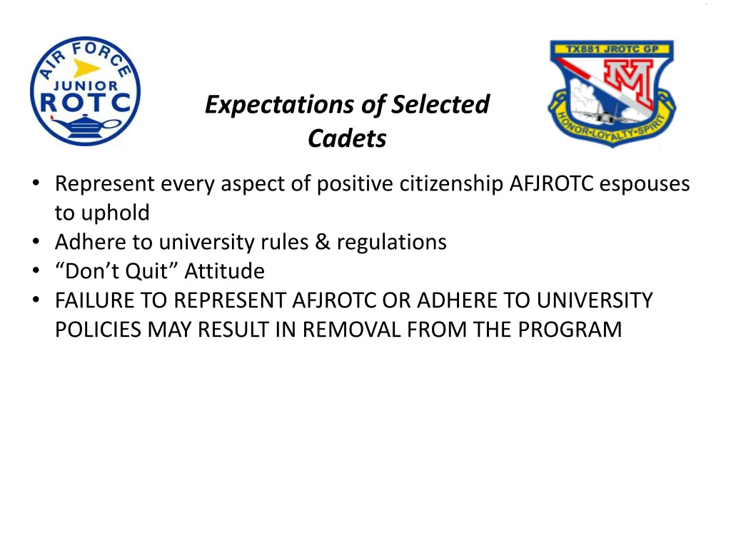 expectations of selected cadets