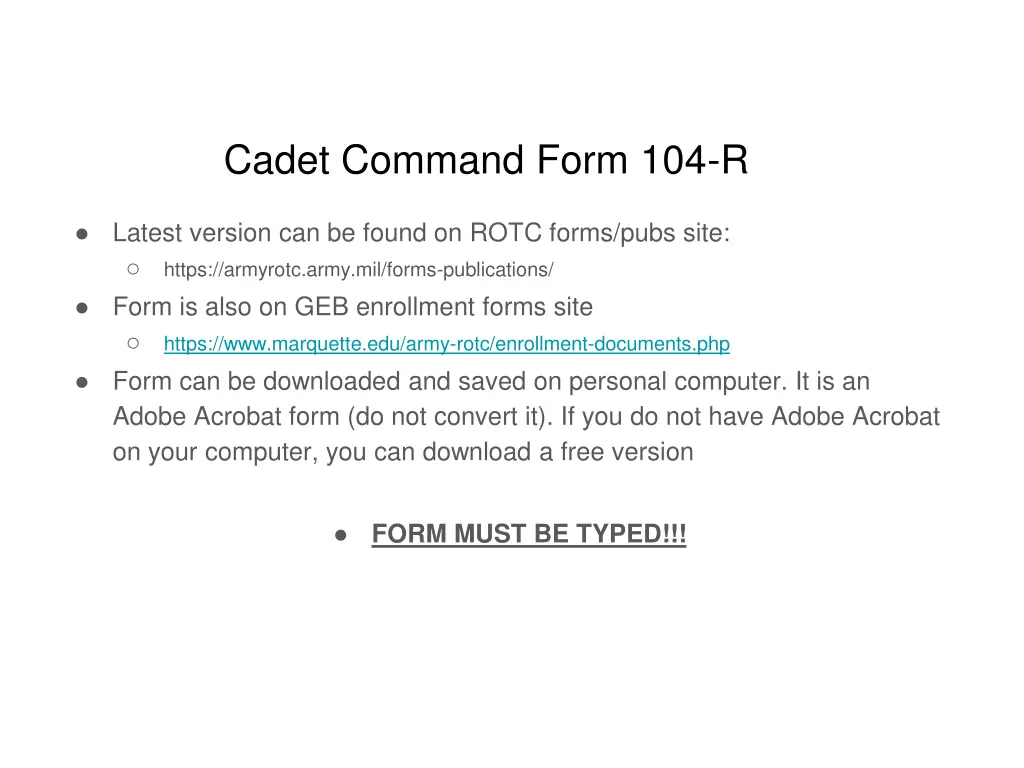 cadet command form 104 r