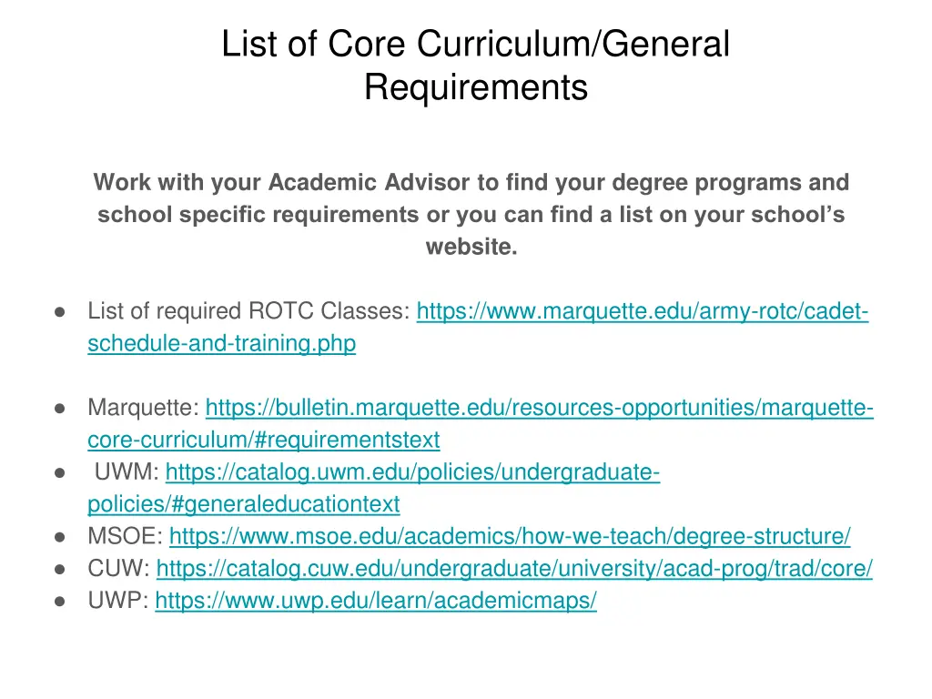 list of core curriculum general requirements