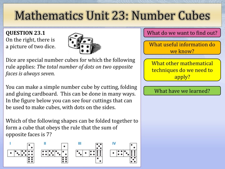mathematics unit 23 number cubes