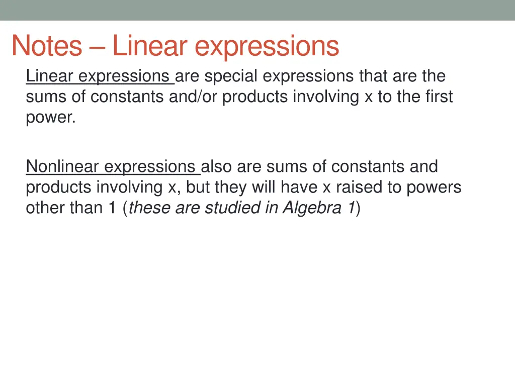 notes linear expressions linear expressions