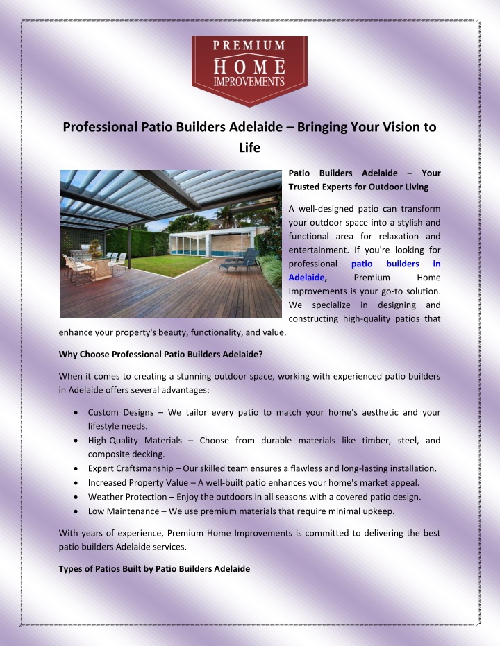 professional patio builders adelaide bringing