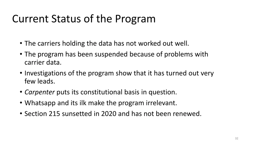 current status of the program