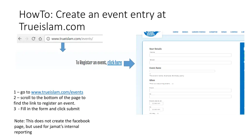 howto create an event entry at trueislam com