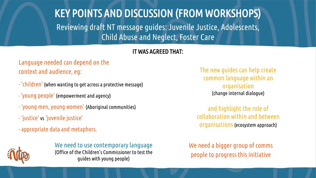 key points and discussion from workshops