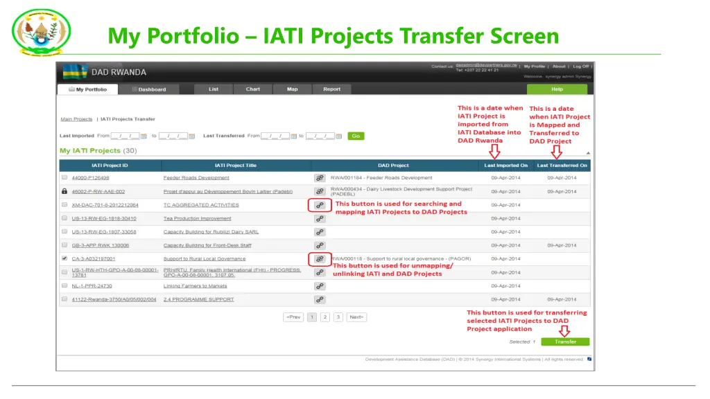 my portfolio iati projects transfer screen