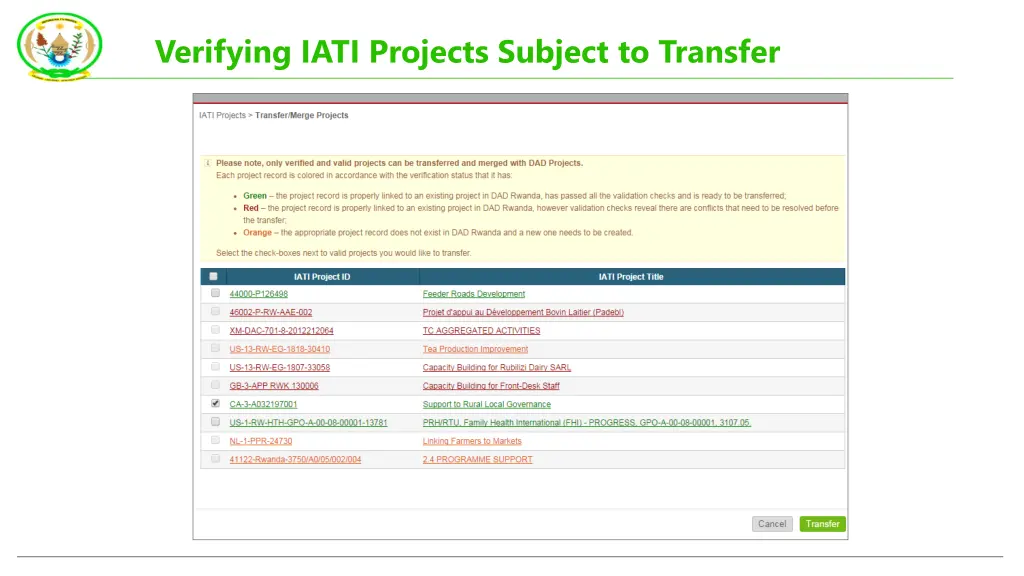 verifying iati projects subject to transfer