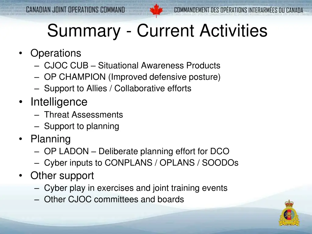 summary current activities