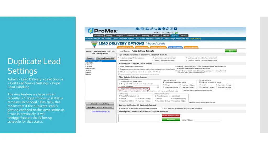 duplicate lead settings admin lead delivery lead