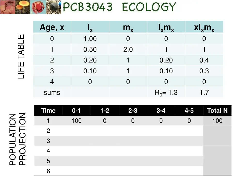 age x 0 1 2 3 4 sums