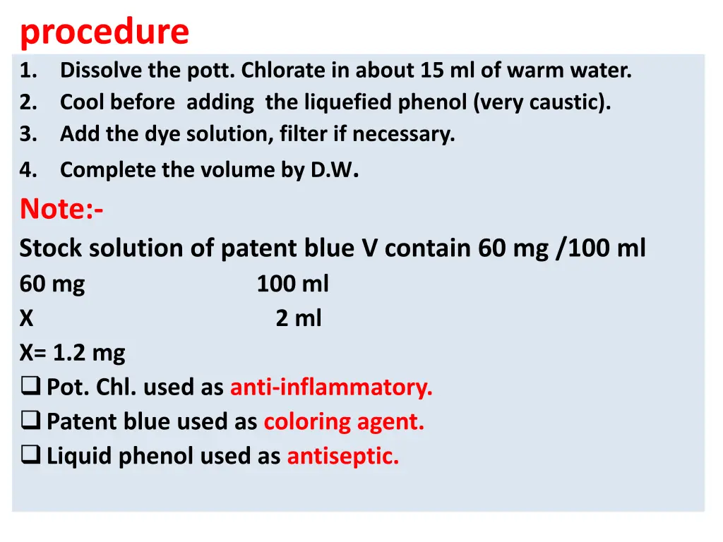 procedure 1 dissolve the pott chlorate in about