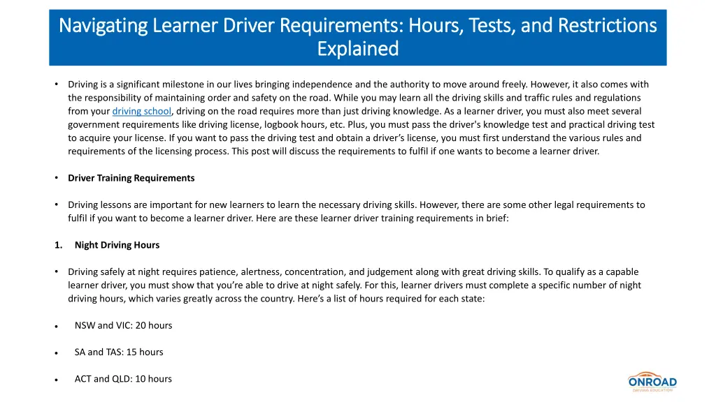 navigating learner driver requirements hours 1