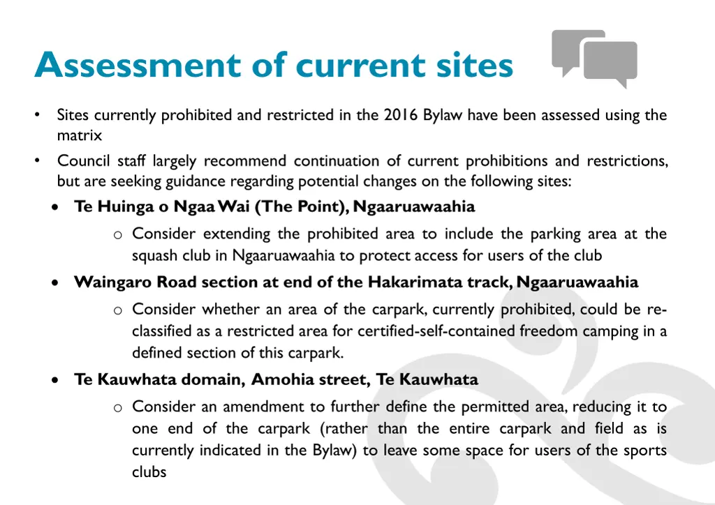 assessment of current sites