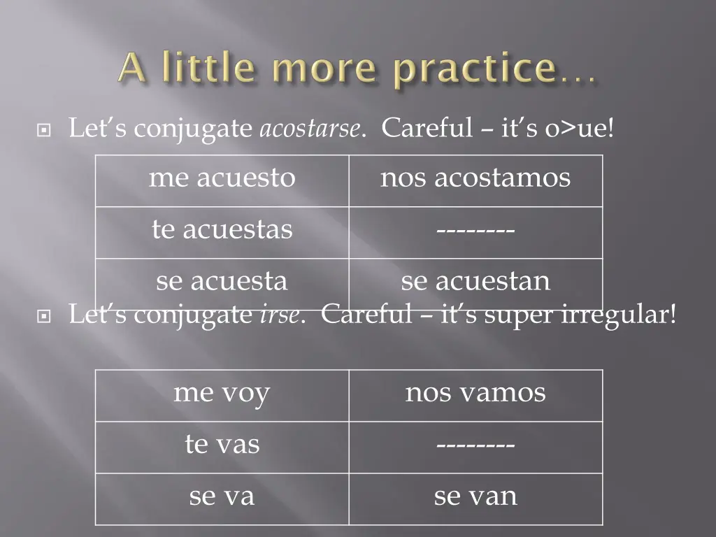 let s conjugate acostarse careful