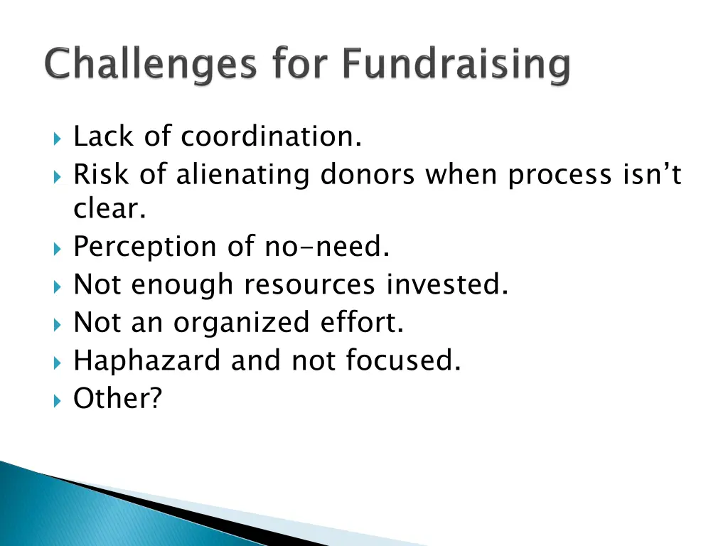 lack of coordination risk of alienating donors