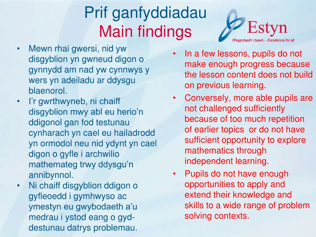 prif ganfyddiadau main findings mewn rhai gwersi