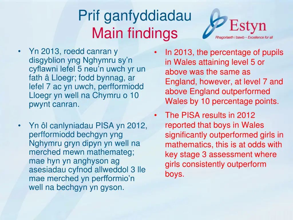 prif ganfyddiadau main findings