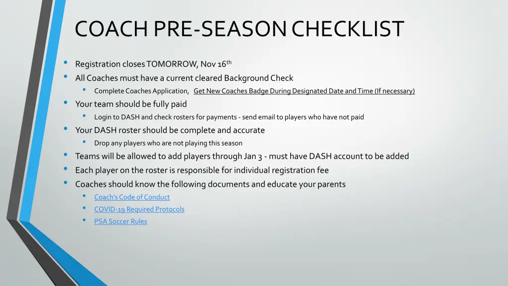 coach pre season checklist