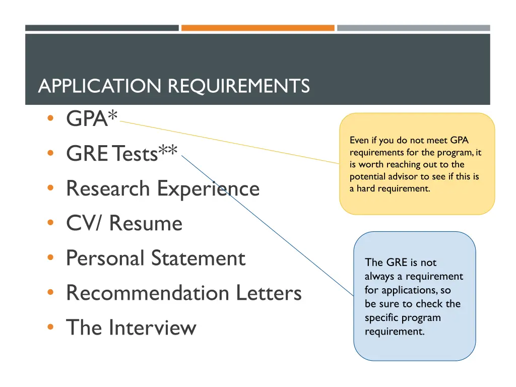 application requirements gpa gre tests research
