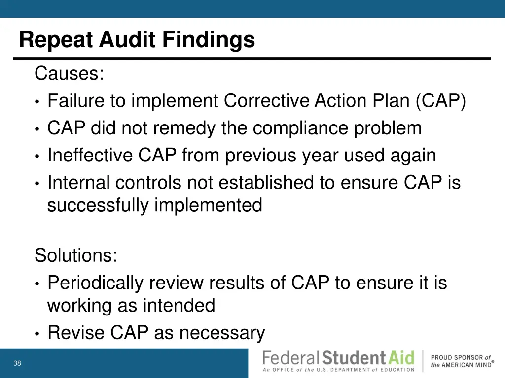 repeat audit findings causes failure to implement