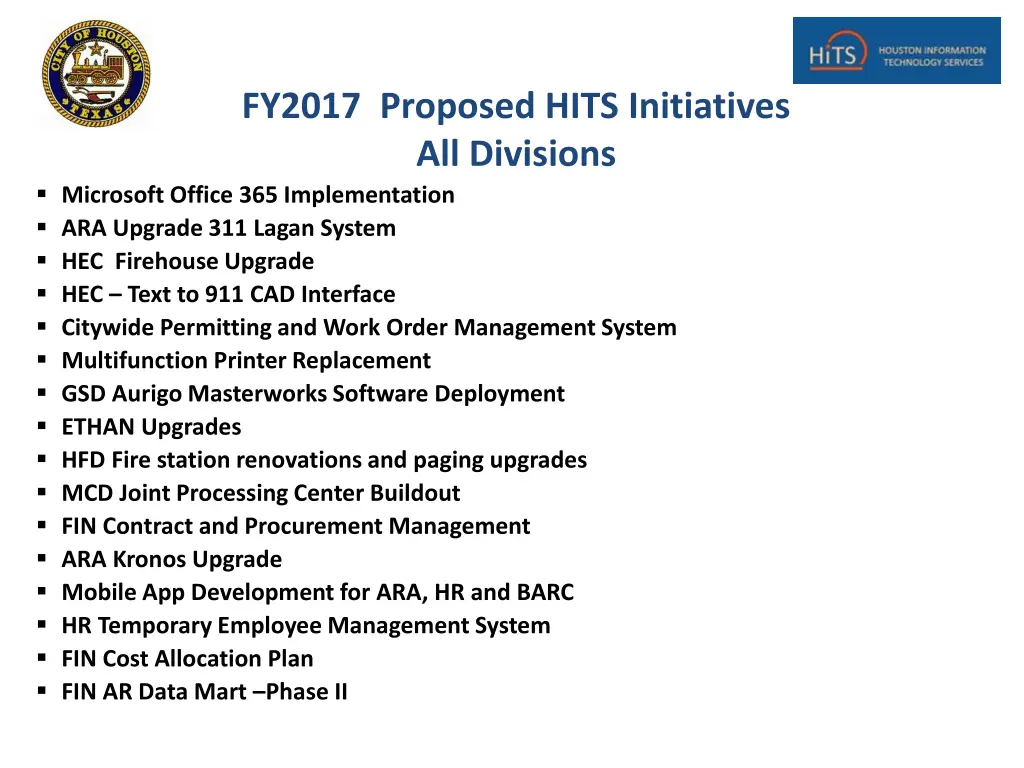 fy2017 proposed hits initiatives all divisions