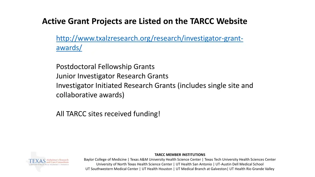 active grant projects are listed on the tarcc