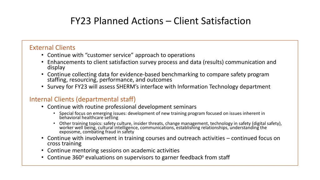 fy23 planned actions client satisfaction
