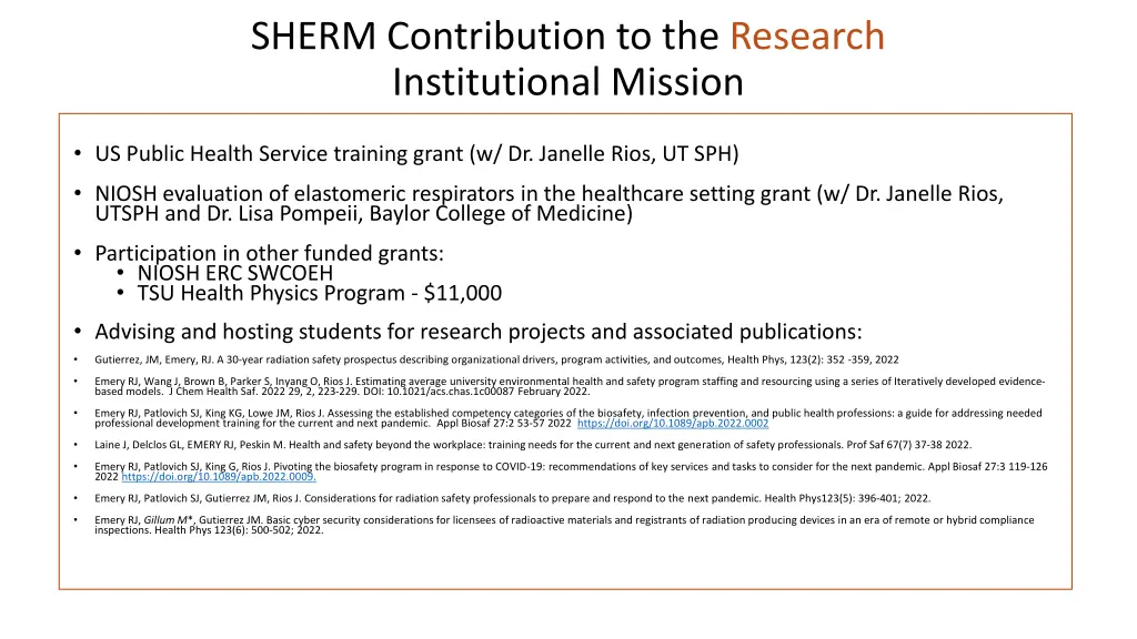sherm contribution to the research institutional