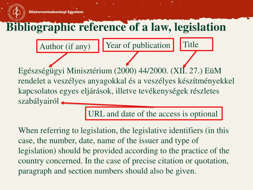 bibliographic reference of a law legislation