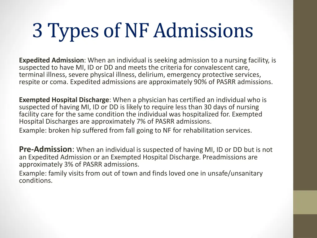 3 types of nf admissions