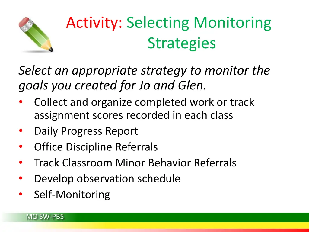 activity selecting monitoring strategies