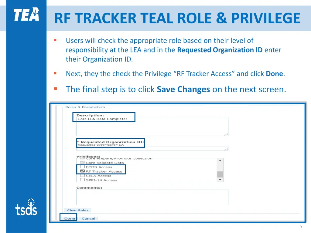 rf tracker teal role privilege
