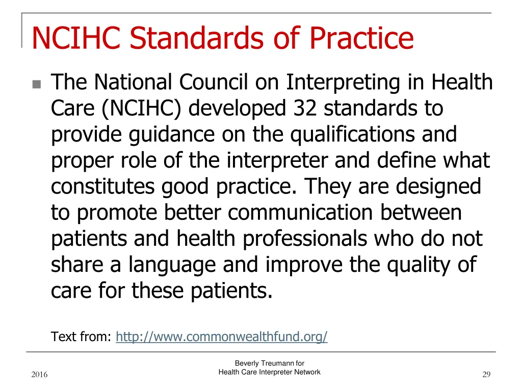 ncihc standards of practice