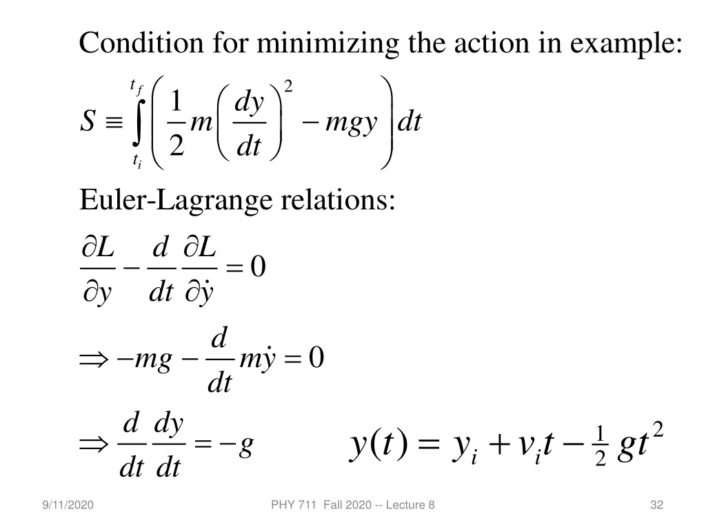 condition for minimizing the action in example